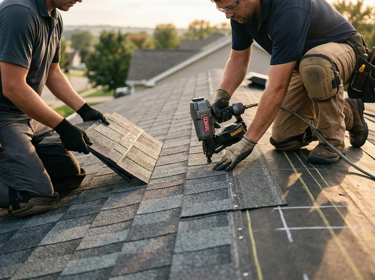 Professional roofer working on a residential roof in Steiner Ranch